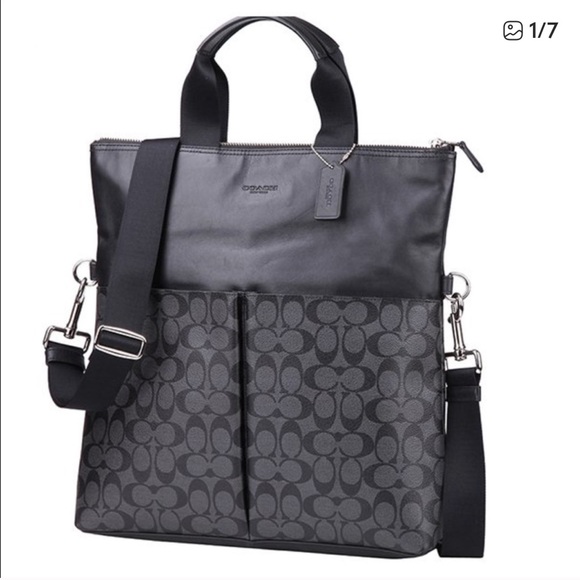 Mens Coach Charles Foldover Tote Black Leather Messenger Tote New